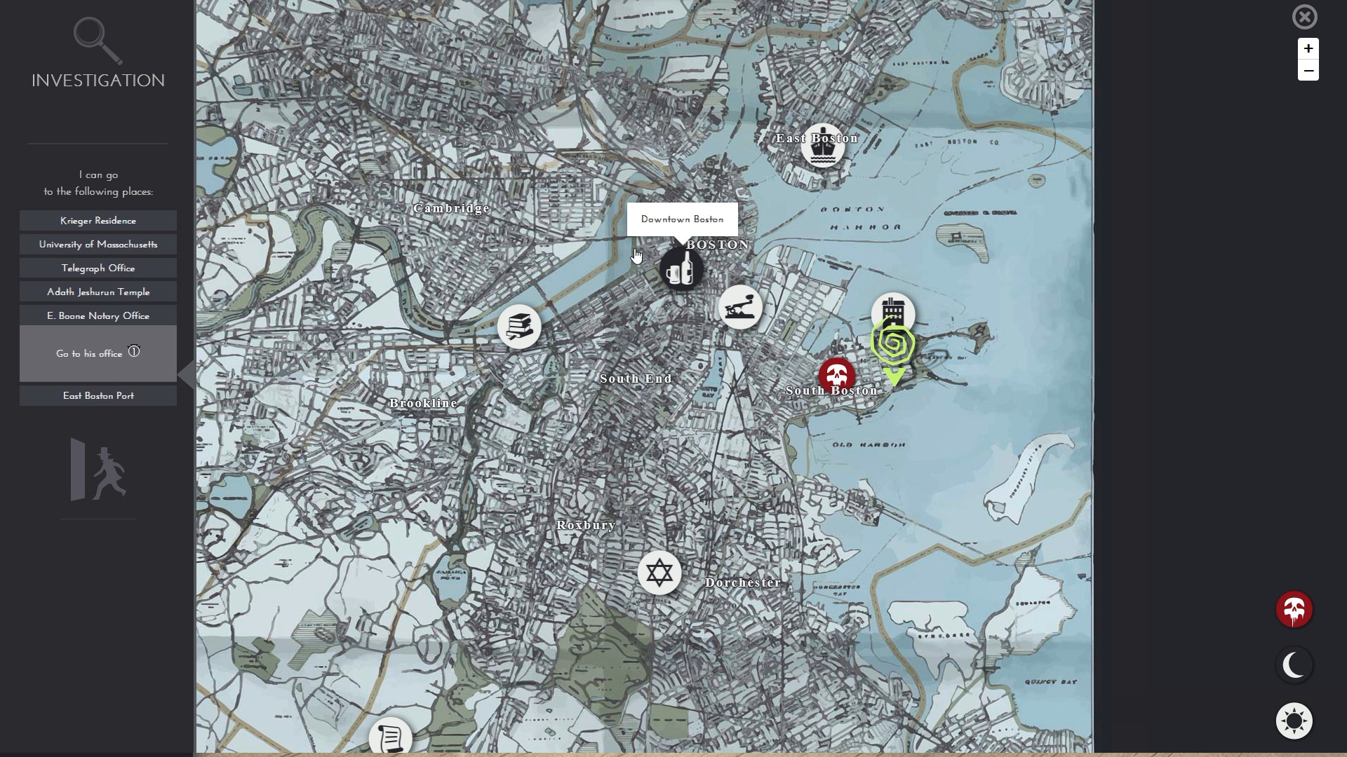 The inventory screen showing collected objects and documents.