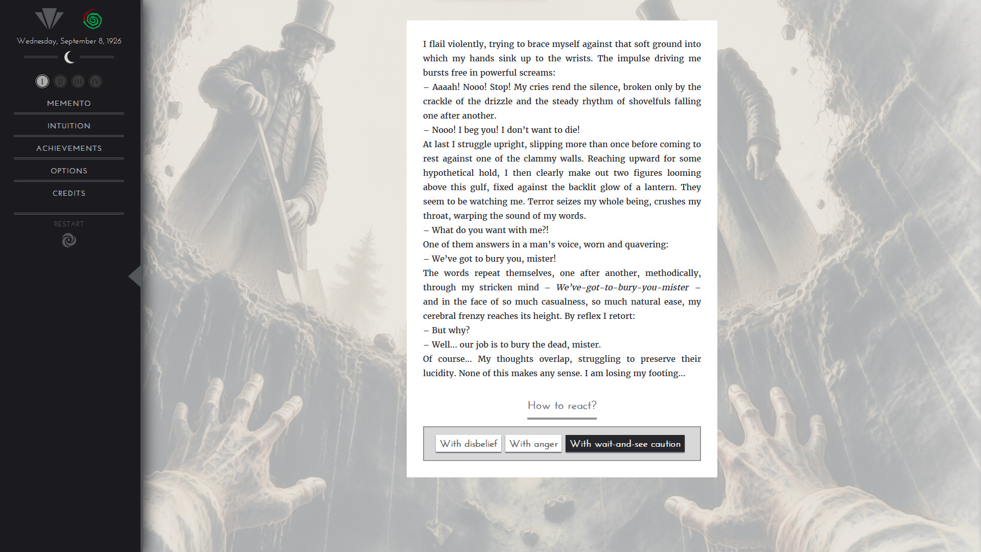 A choice screen with several narrative options.