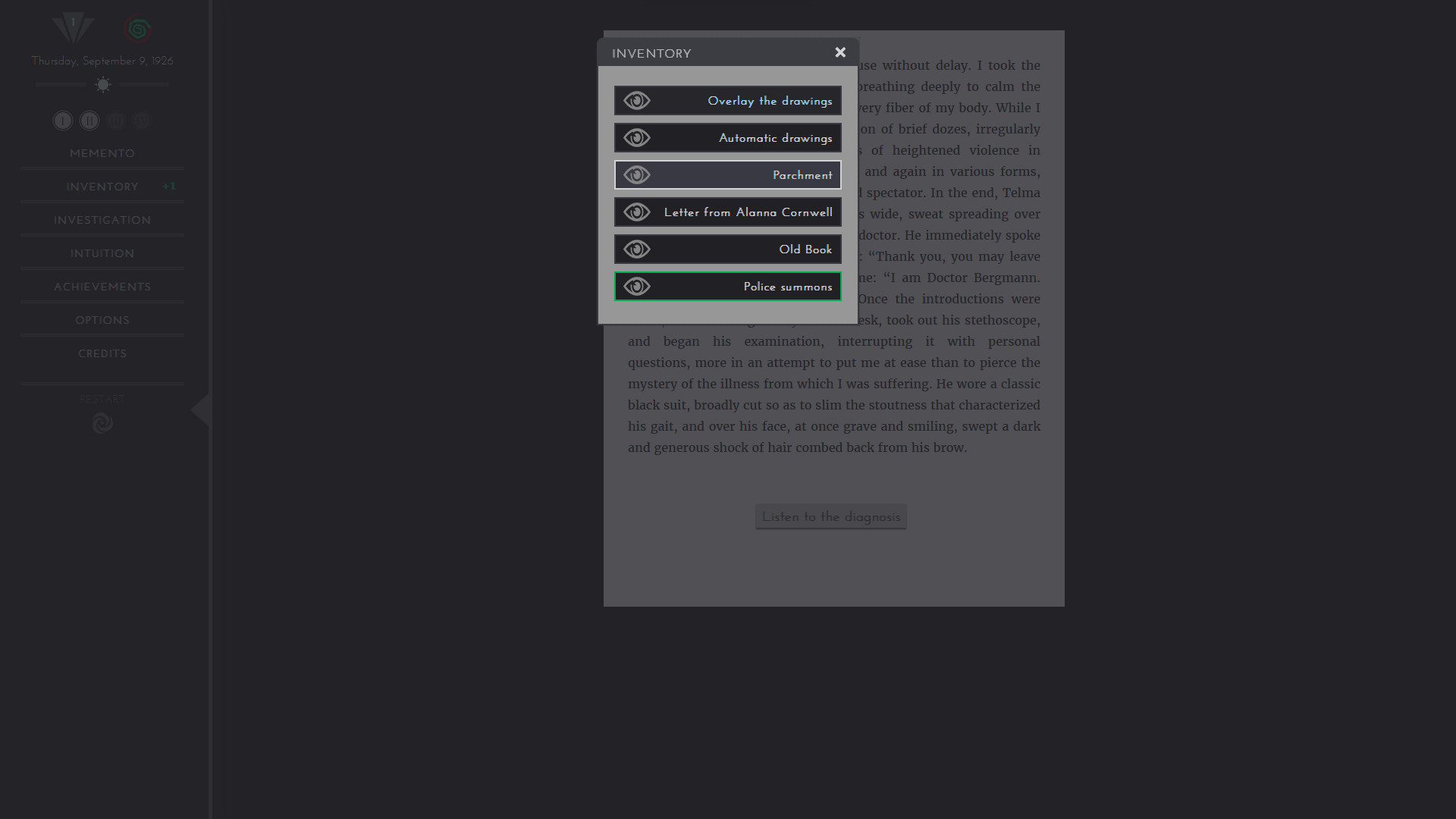 A choice screen with several narrative options.