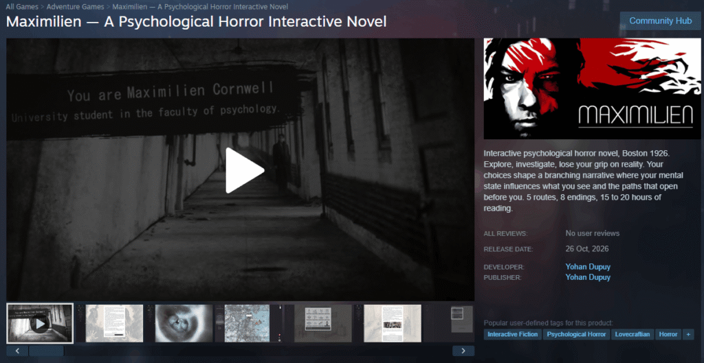 Maximilien Steam wishlist banner, psychological horror game October 26 2026